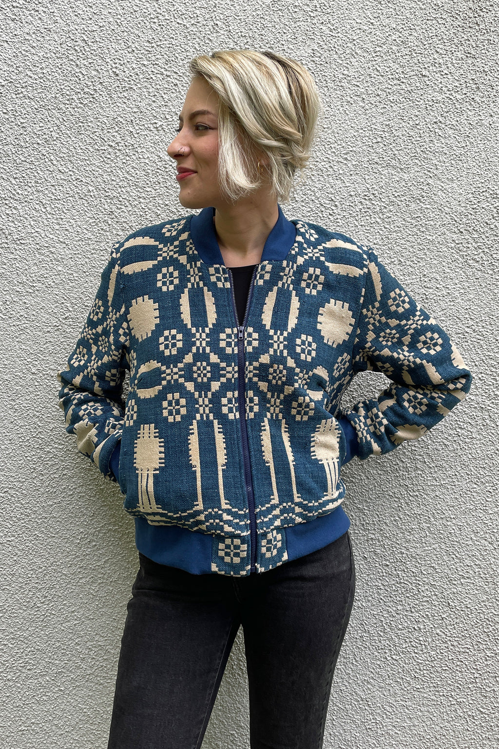SAMPLE - Antique Woven Blue and Cream Coverlet Bomber Jacket, size Medium