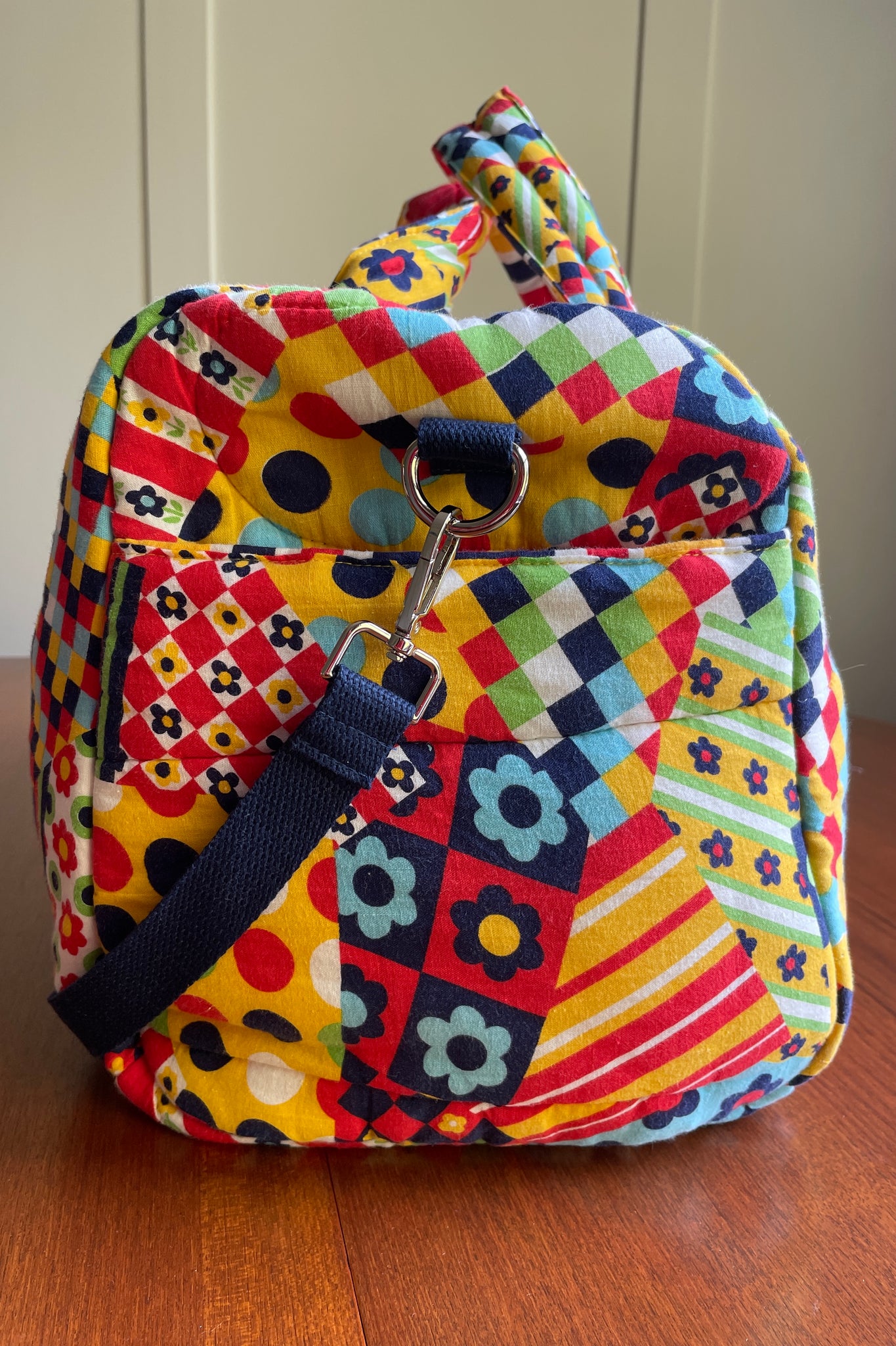 Studio Rework Duffel Bag | 70s Rainbow Patchwork and Striped Vintage Sleeping Bag