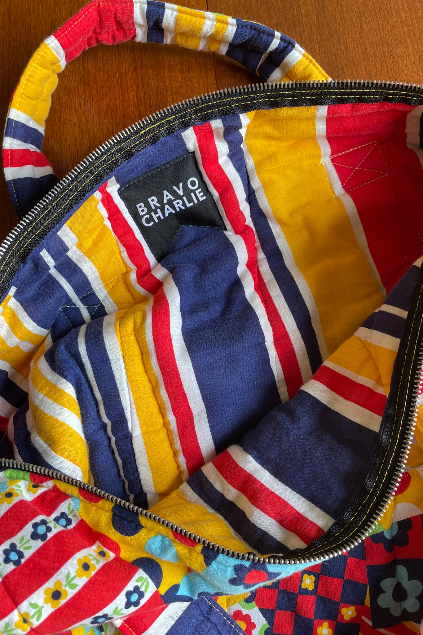Studio Rework Duffel Bag | 70s Rainbow Patchwork and Striped Vintage Sleeping Bag
