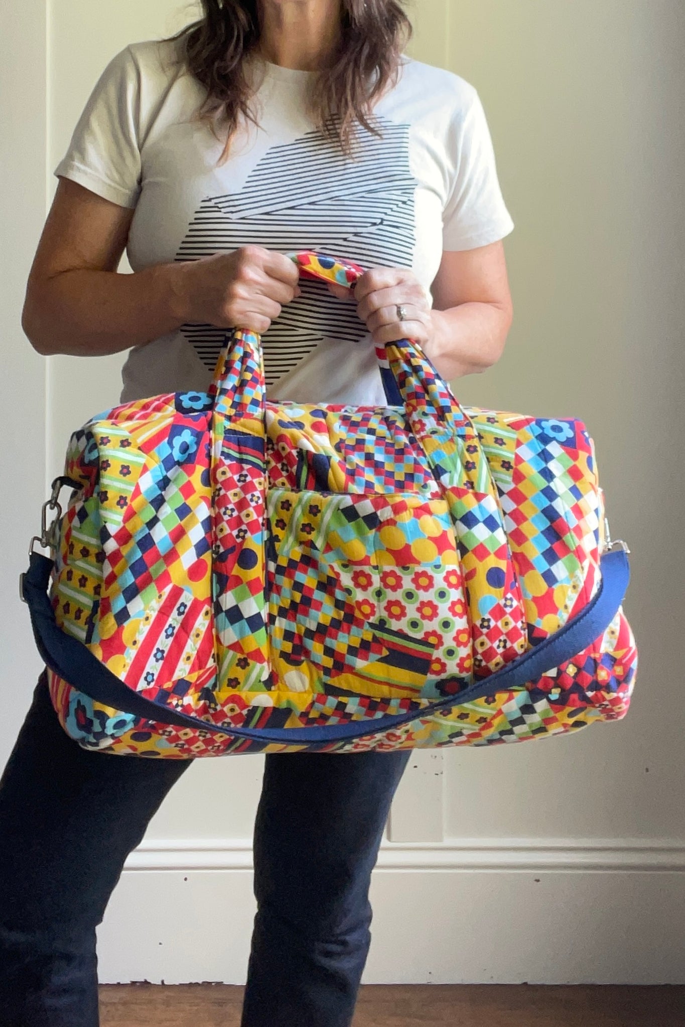 Studio Rework Duffel Bag | 70s Rainbow Patchwork and Striped Vintage Sleeping Bag