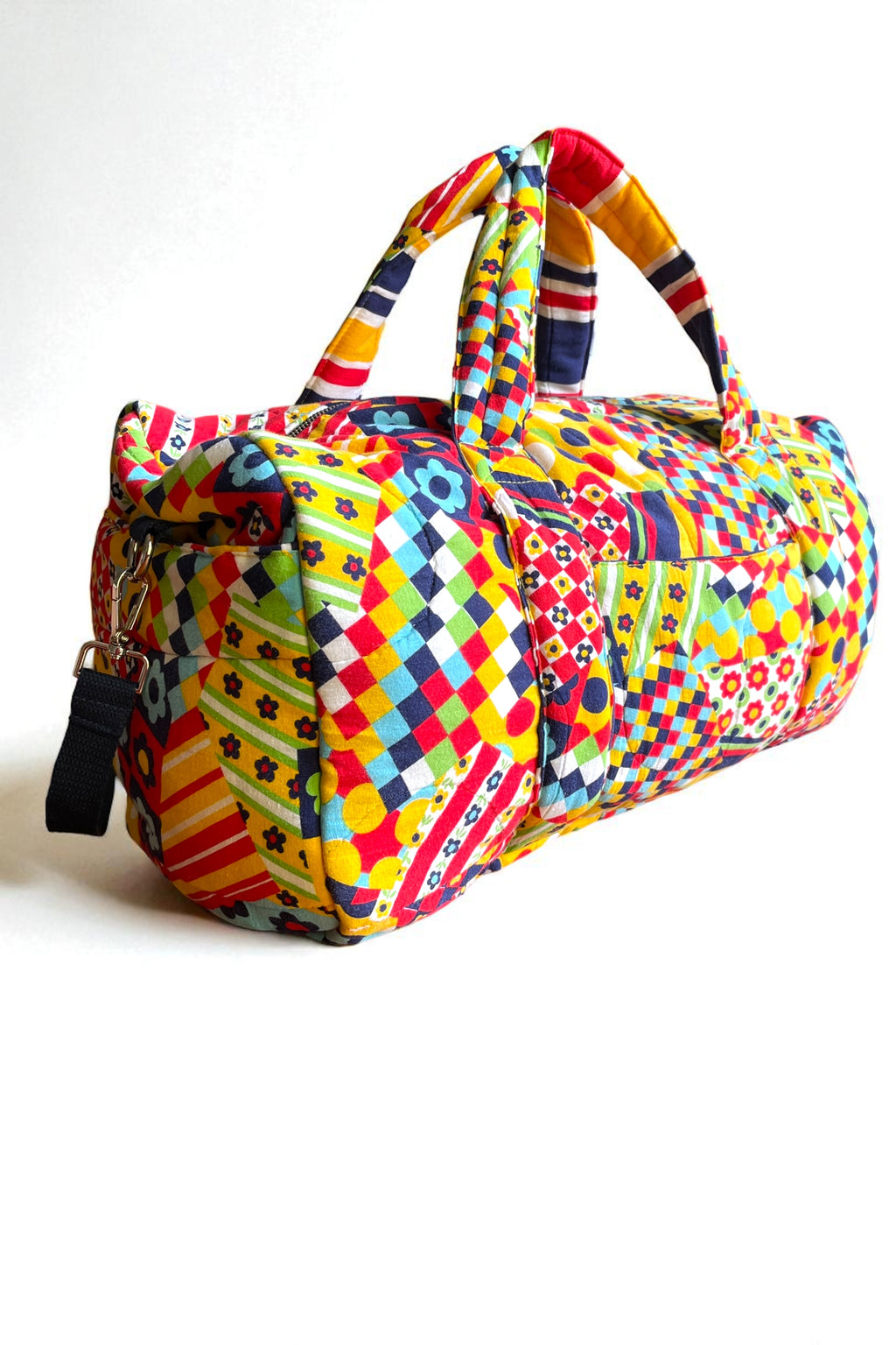 Studio Rework Duffel Bag | 70s Rainbow Patchwork and Striped Vintage Sleeping Bag