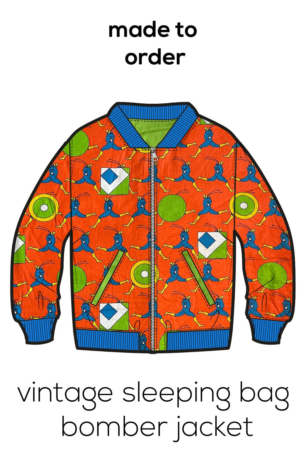 Made To Order - Vintage Sleeping Bag Bomber Jacket, Peter Max "Cosmic Clown" size XS - XXL