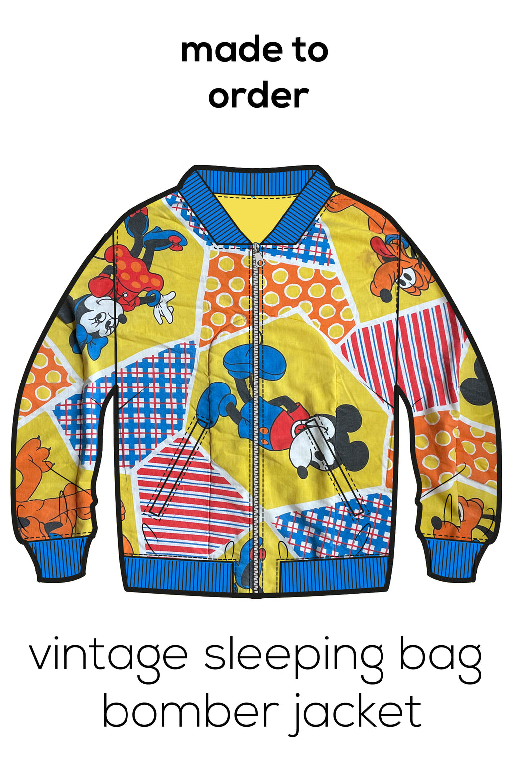 Made To Order - Vintage 1970s "Mickey Mouse Disney" Sleeping Bag Bomber Jacket, size XS - XXL
